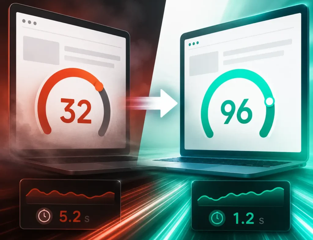 A slow website on one site and its fast version on the right
